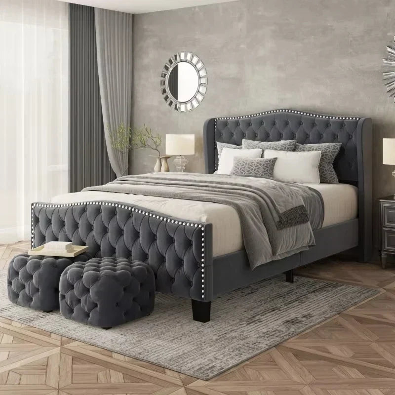 Luxury Grey Tufted Upholstered Bed Frame with Nailhead Trim