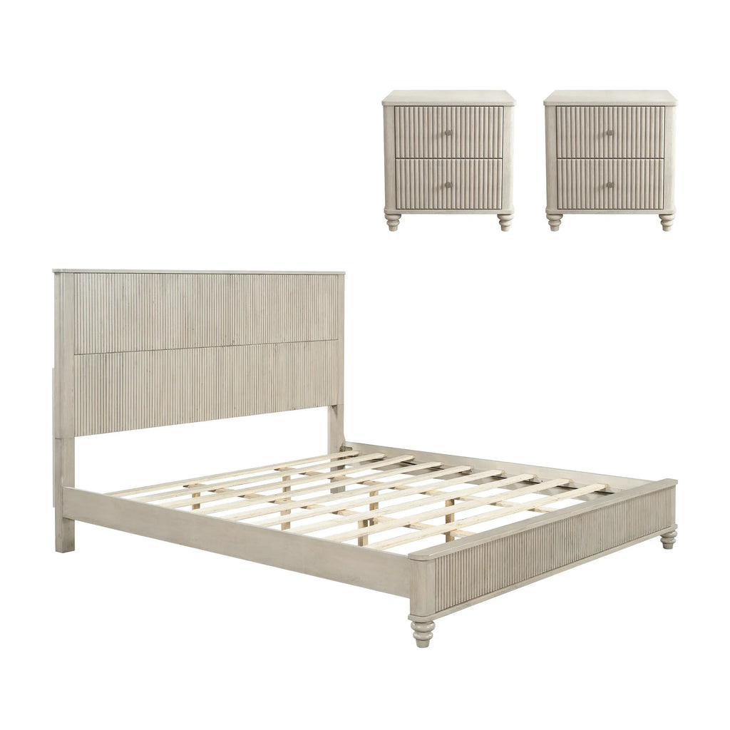 Modern Beige Solid Wood King Bed and 2 Nightstands Set